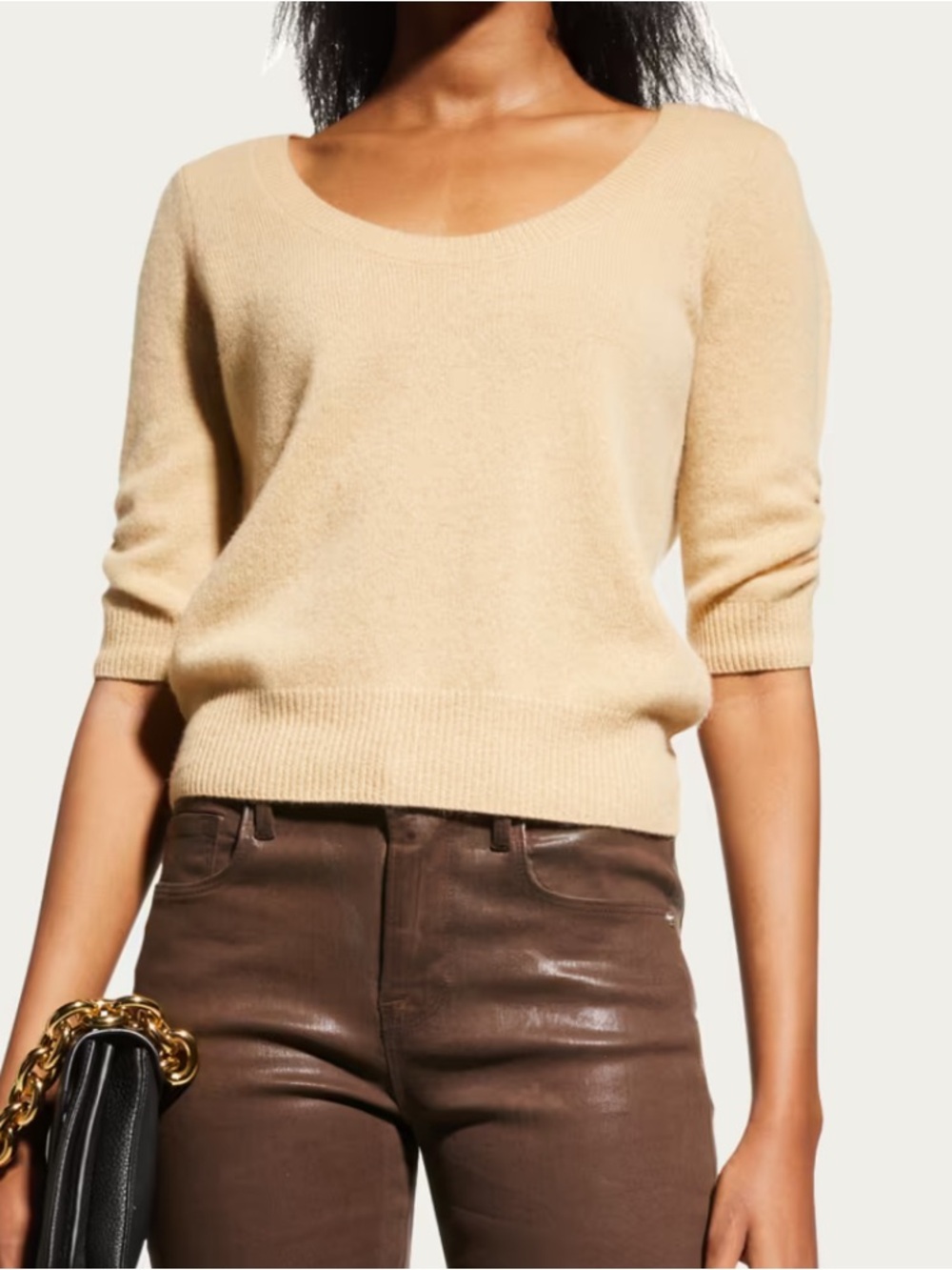 Frame Denim Beige Cashmere Scoop-Neck Short Sleeve Sweater